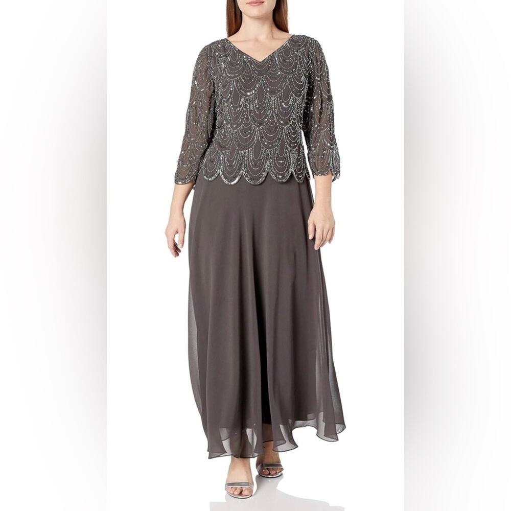 J Kara 3084sew Plus Size 3/4 Sleeve with Scallop Beaded Pop Over